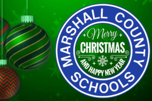 Three red and green Christmas bulbs are on the left side of this video with a white Marshall County Schools logo on the right. Merry Christmas and Happy New Year appear in the middle of the county logo.